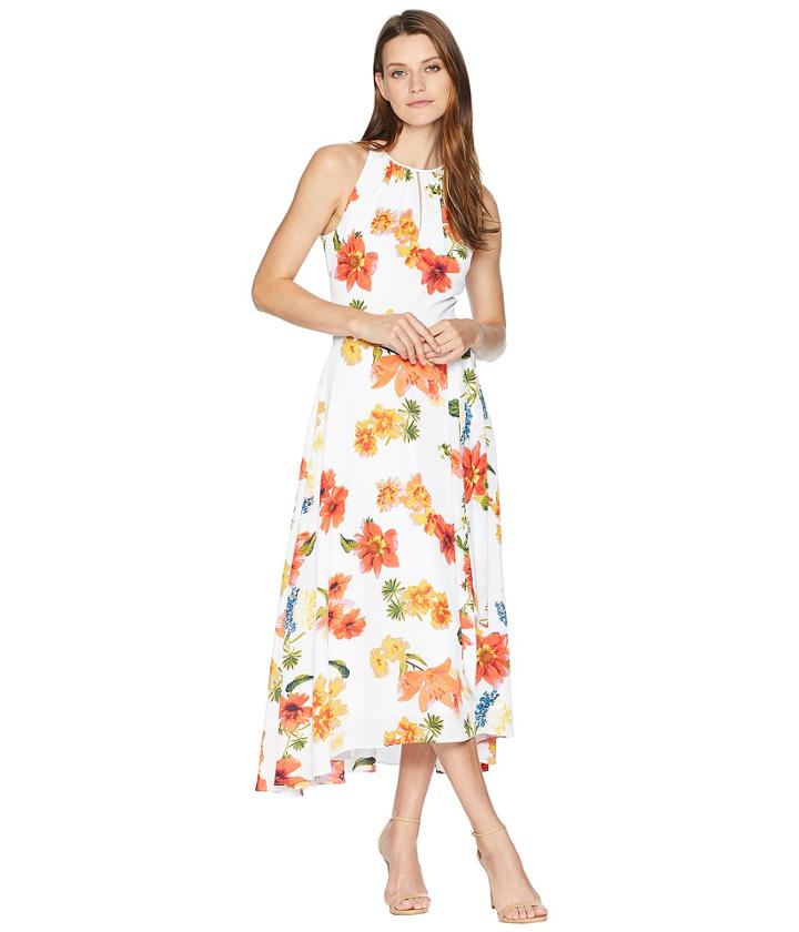 Tahari By Asl Sleeveless Printed Chiffon Halter Dress (white/coral/royal) Women's Dress