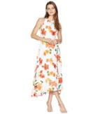 Tahari By Asl Sleeveless Printed Chiffon Halter Dress (white/coral/royal) Women's Dress