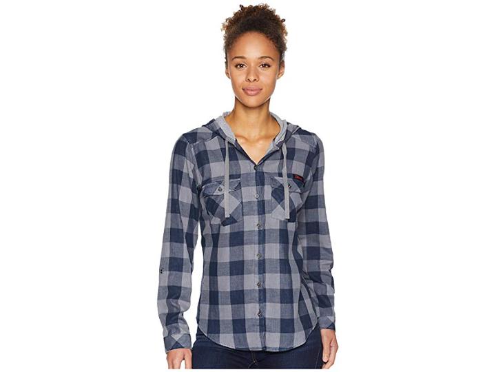 Columbia Collegiate Times Twotm Hooded Long Sleeve Shirt (ill/collegiate Navy Check) Women's Long Sleeve Button Up
