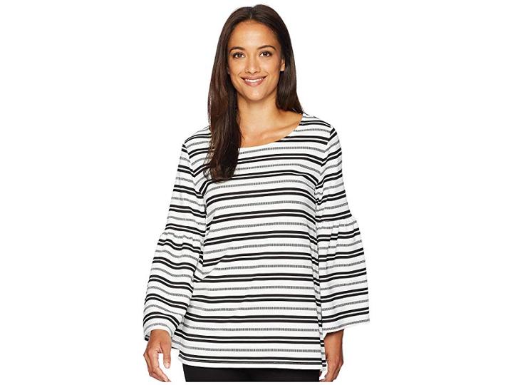 Calvin Klein Stripe Bell Sleeve Top (soft White/black) Women's Clothing