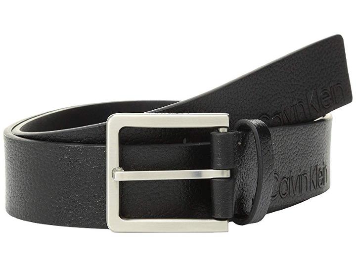 Calvin Klein 38 Mm. Flat Strap W/ Raised Logo (black/brushed Nickel) Men's Belts