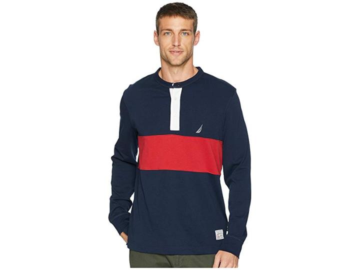 Nautica Long Sleeve Woven Color Block (navy) Men's Clothing