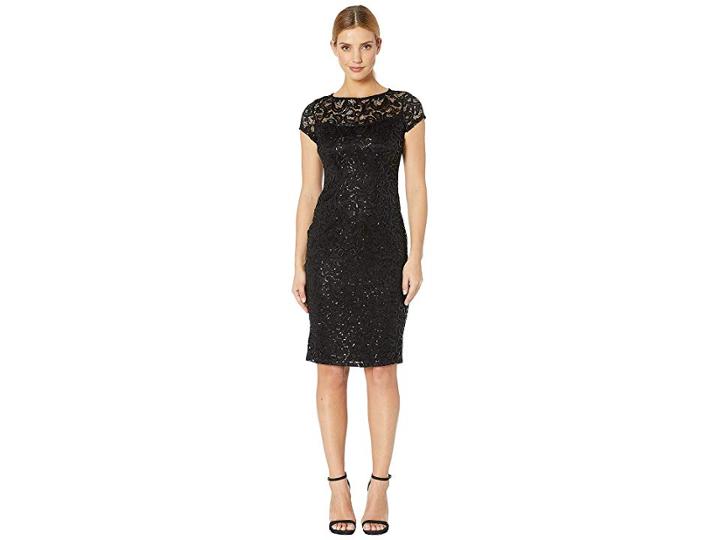 Marina Stretch Lace Cap Sleeve Midi Dress (black) Women's Clothing