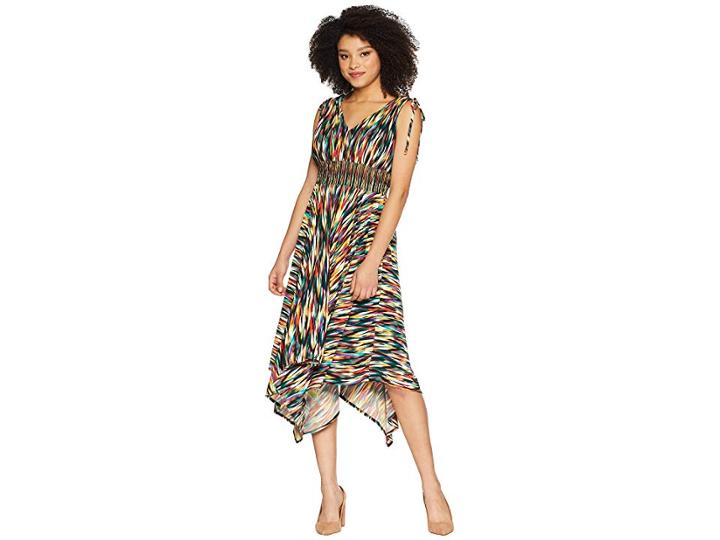 Maggy London Rainbow Ikat Printed Jersey Hi Low Maxi With Ruched Shoulder Detail (black/multi) Women's Dress