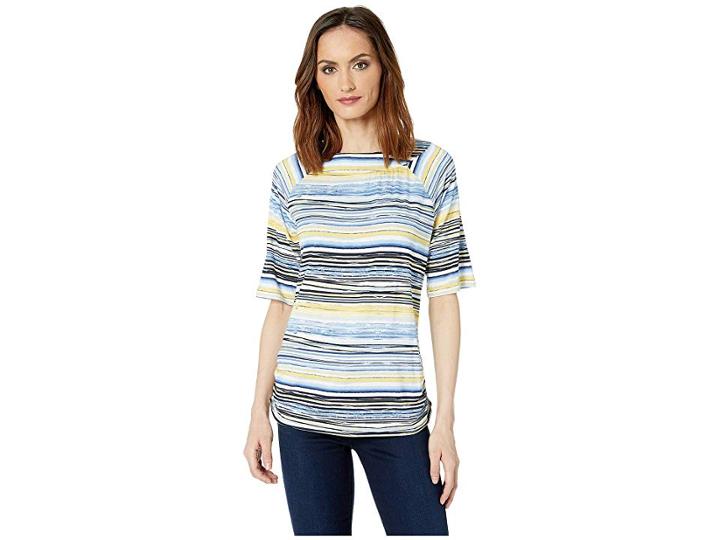 Fdj French Dressing Jeans Striated Stripe Ballet Neckline Semi Short Sleeve Top (blue Multi) Women's T Shirt