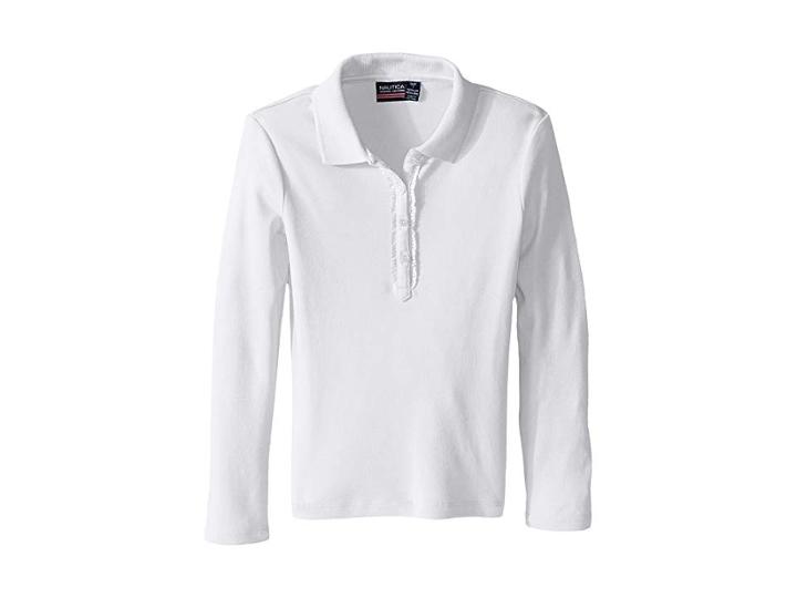 Nautica Kids Long Sleeve Polo With Ruffle Placket (big Kids) (white) Girl's Long Sleeve Pullover