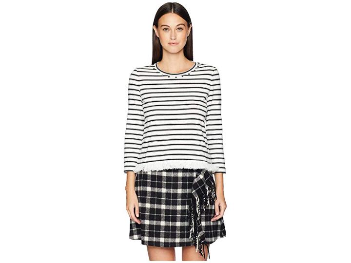 Kate Spade New York Broome Street Stripe Fringe Knit Top (french Cream/black) Women's Clothing