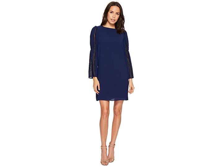 Adrianna Papell Trapeze Swing Dress With Lace Trimmed Bell Sleeves (navy Sateen) Women's Dress
