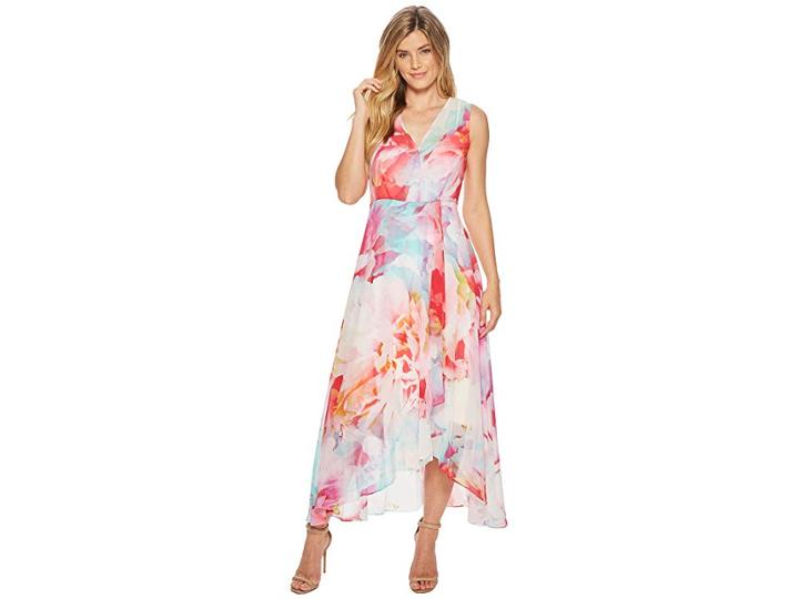 Calvin Klein V-neck Floral High-low Maxi Cd8h635j (pink Multi) Women's Dress