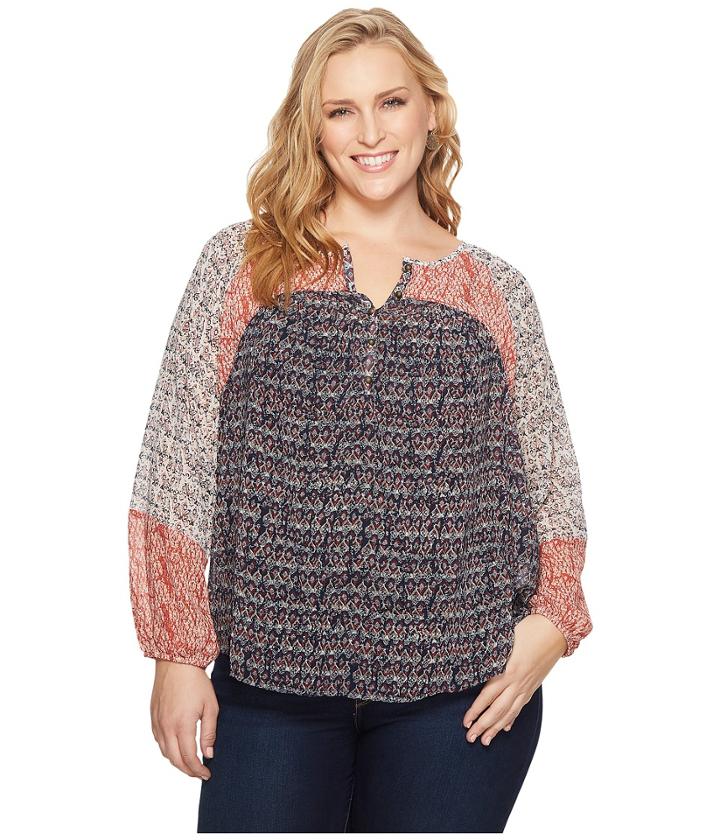 Lucky Brand Plus Size Mixed Print Peasant Top (multi) Women's Long Sleeve Pullover