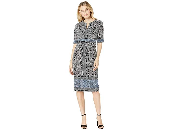 London Times Notch Front Border Print Midi Dress (black/blue) Women's Dress