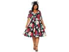 Unique Vintage Plus Size 1950s Delores Swing Dress With Sleeves (black/pink Carnation Print) Women's Dress