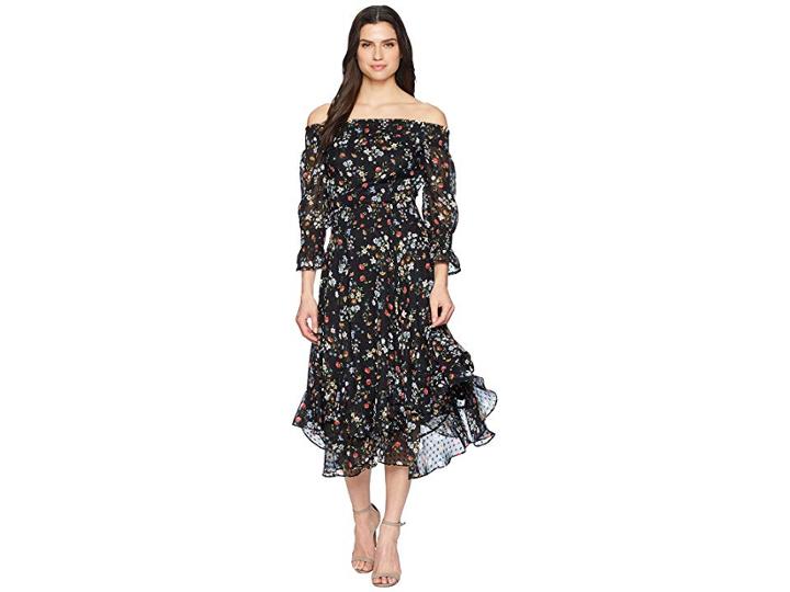 Tahari By Asl Floral Off The Shoulder Midi Shift Dress (black/red/yellow) Women's Dress