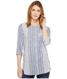Two By Vince Camuto Variegated Stripe Collarless Linen Shirt (ultra White) Women's Long Sleeve Button Up