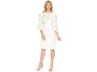 Tahari By Asl Long Sleeve Floral Embroidered Crepe Sheath Dress (white/citron/green) Women's Dress