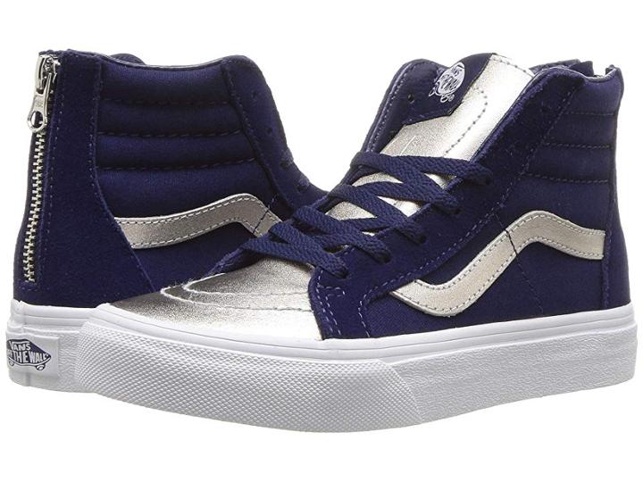 Vans Kids Sk8-hi Zip (little Kid/big Kid) ((metallic Toe) Medieval Blue/silver) Girls Shoes