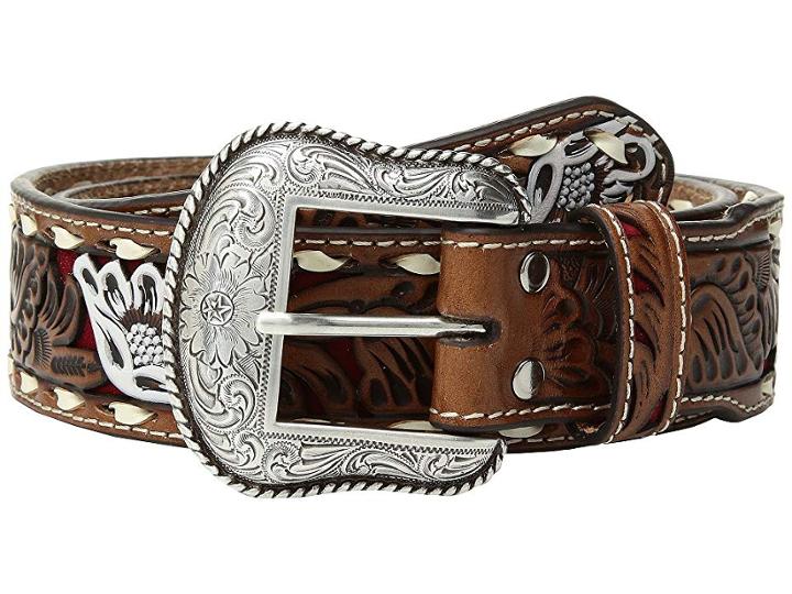 M&f Western Floral Pierced Painted Laced Edge Belt (brown) Men's Belts