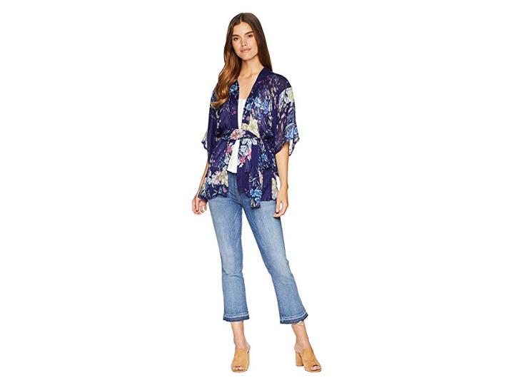 Steve Madden Linear Floral Short Belted Kimono (navy) Women's Clothing