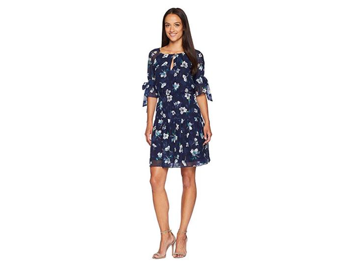 Vince Camuto Fit And Flare Dress With 1/2 Sleeves And Bows (navy Multi) Women's Dress