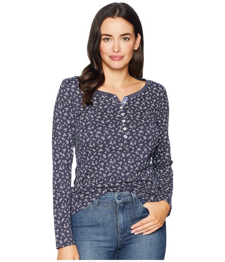 U.s. Polo Assn. Long Button Trimmed Sleeve Floral Print Tee Shirt (evening Blue Heather) Women's T Shirt
