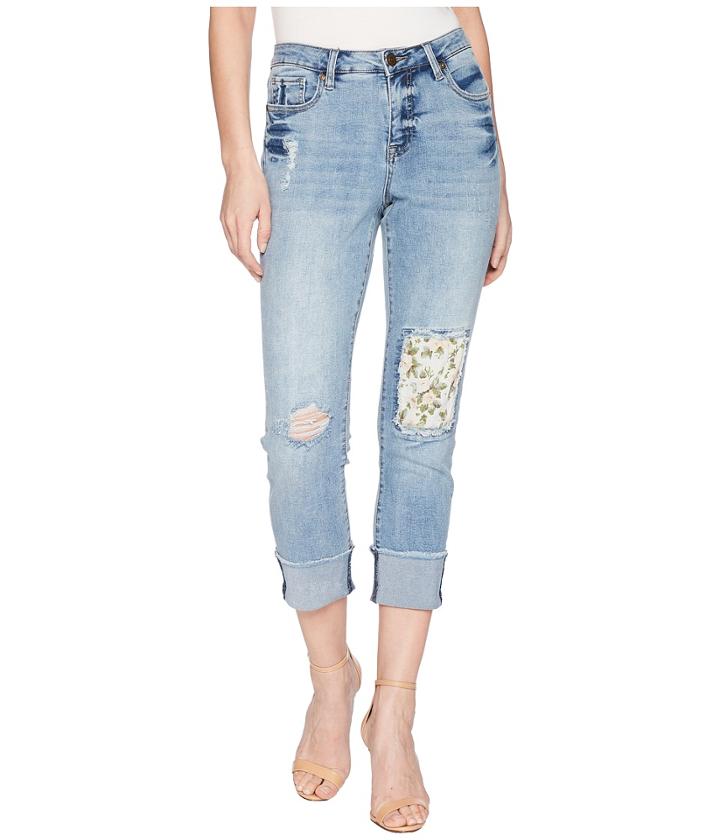 Tribal Stretch Denim 24 Five-pocket Crop With Floral Patch In Dream Blue (dream Blue) Women's Jeans
