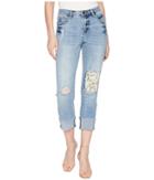 Tribal Stretch Denim 24 Five-pocket Crop With Floral Patch In Dream Blue (dream Blue) Women's Jeans
