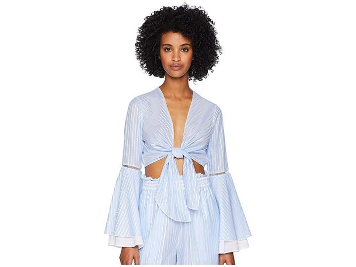 Jonathan Simkhai Striped Cotton Tie Bell Sleeve Top (chambray Combo) Women's Swimwear
