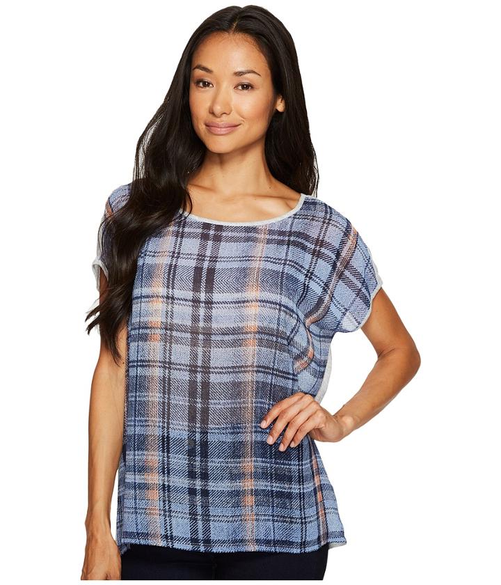 Two By Vince Camuto Short Sleeve Mixed Media Plaid Textures Tee (grey Heather) Women's T Shirt