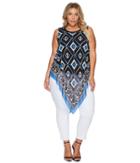 Vince Camuto Specialty Size Plus Size Sleeveless Nairobi Graphic Handkerchief Blouse (deep Sky) Women's Blouse