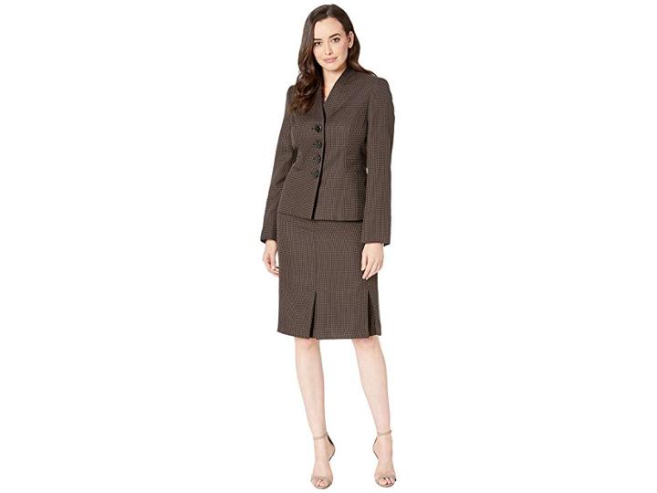 Le Suit Four-button Stand Collar Novelty Skirt Suit (black/champagne) Women's Suits Sets
