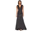 Halston Heritage Cap Sleeve V-neck Metallic Jacquard Gown (black) Women's Dress