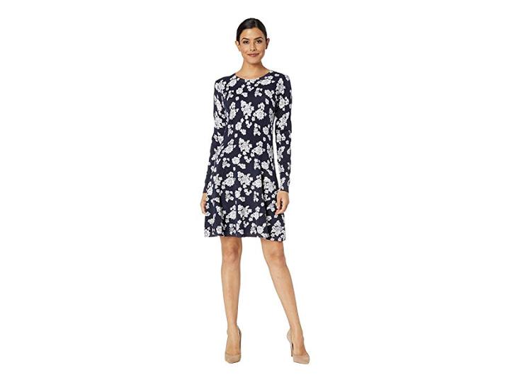 Michael Michael Kors Tos Lace Long Sleeve Flare Dress (true Navy/white) Women's Dress