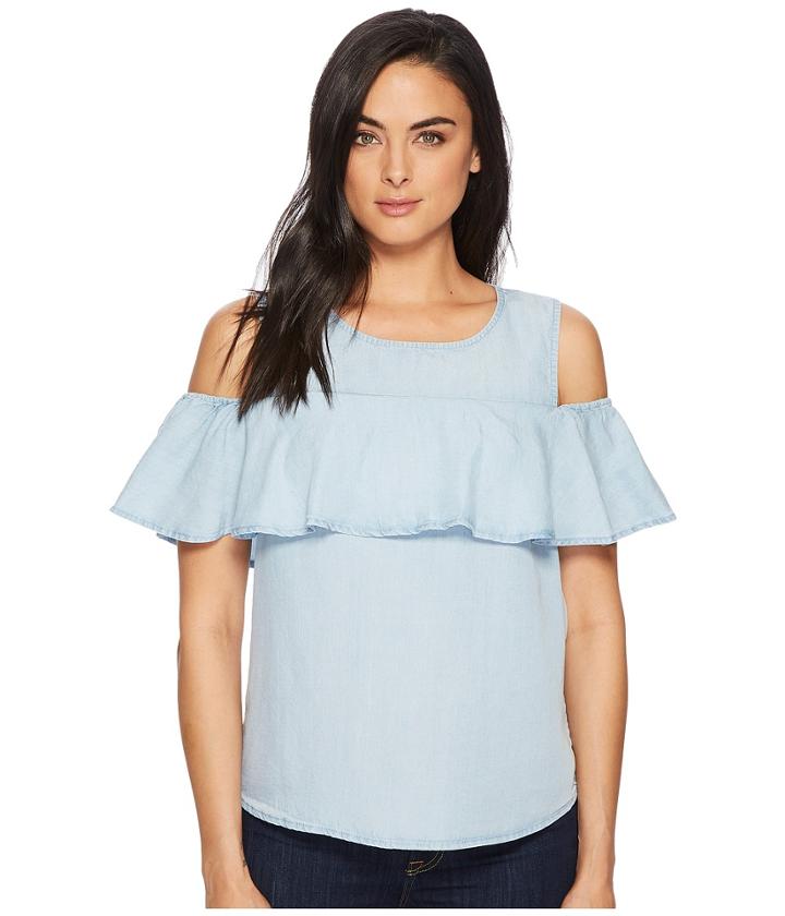 Lauren Ralph Lauren Ruffled Twill Cold-shoulder Top (pale Blue Wash) Women's Clothing