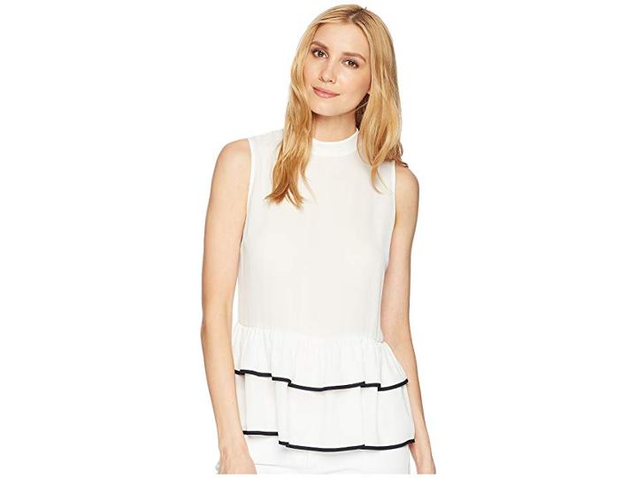 Ivanka Trump Georgette Sleeveless Mock Neck Peplum Layer With Piping Detail (ivory/navy) Women's Clothing