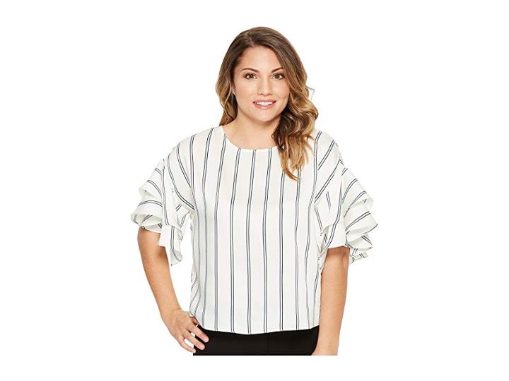 Vince Camuto Specialty Size Petite Tiered Ruffle Sleeve Stripe Theory Blouse (antique White) Women's Blouse