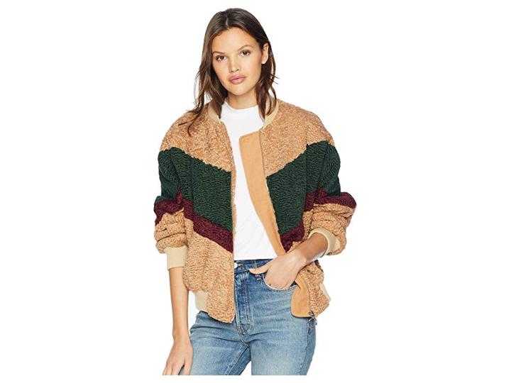 J.o.a. Color Block Teddy Faux-fur Jacket (beige/forest) Women's Coat