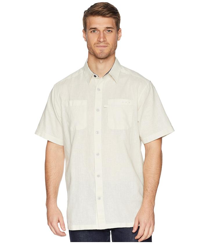 Columbia Harborside Linen Camp Shirt (stone/collegiate Navy) Men's Short Sleeve Button Up