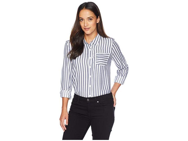 Alexander Jordan Long Sleeve One-pocket Shirt W/ Bust Darts And Hi-lo Bottom (white/blue Stripe) Women's Clothing
