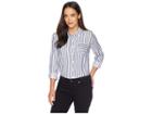Alexander Jordan Long Sleeve One-pocket Shirt W/ Bust Darts And Hi-lo Bottom (white/blue Stripe) Women's Clothing