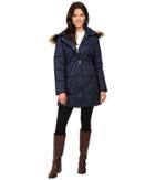 Jessica Simpson Cinched Waist Puffer W/ Hood And Removable Faux Fur (indigo) Women's Coat