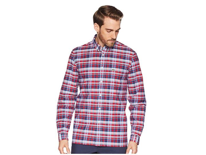 Lacoste Long Sleeve Slim Fit Oxford Stretch Check Button Down (lighthouse Red) Men's Sweater