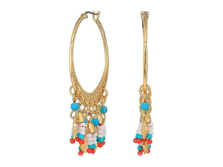 Rebecca Minkoff Luna Etched Metal Hoops Earrings With Fringe (gold/turquoise Multi) Earring