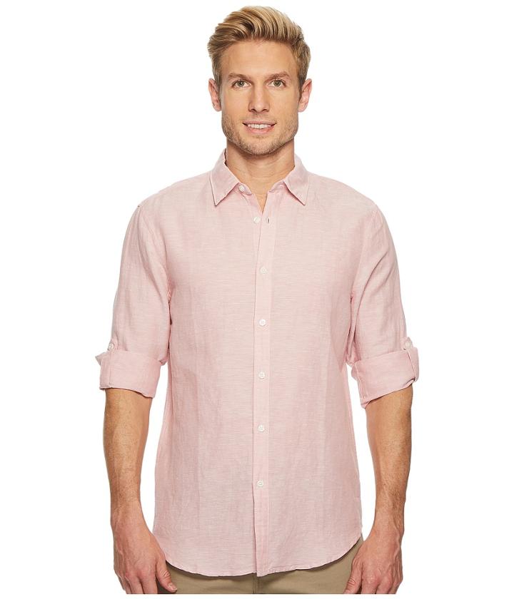 Perry Ellis Rolled-sleeve Solid Linen Cotton Shirt (himalayan Pink) Men's Long Sleeve Button Up