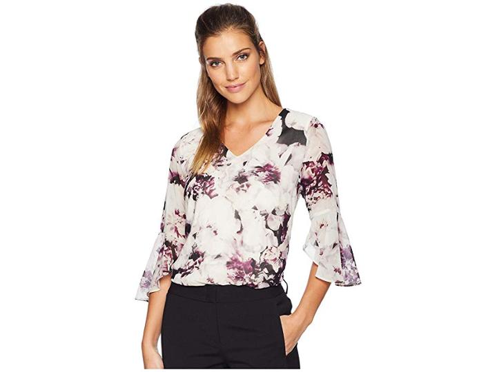 Calvin Klein Print V-neck Blouse W/ Flare Sleeve (blush/aubergine Multi) Women's Blouse