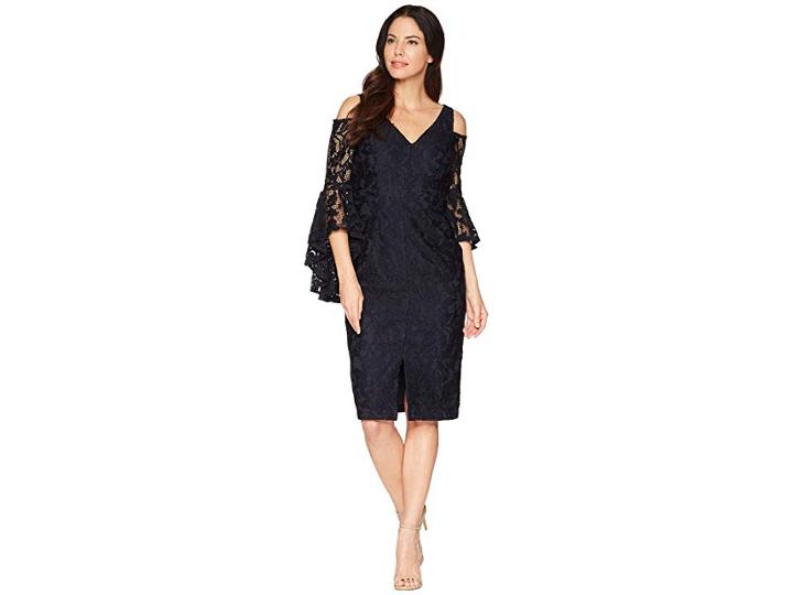 Maggy London Breezy Leaf Lace Cold Shoulder Sheath Dress With Ruffle Sleeve (navy) Women's Dress