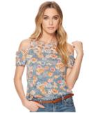 Lucky Brand Floral Print Tie Cold Shoulder Top (blue Multi) Women's Short Sleeve Pullover