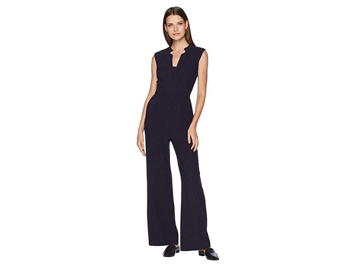 Tahari By Asl Sleeveless Pinstripe Crepe Jumpsuit With Star Neckline (navy/ivory) Women's Jumpsuit & Rompers One Piece