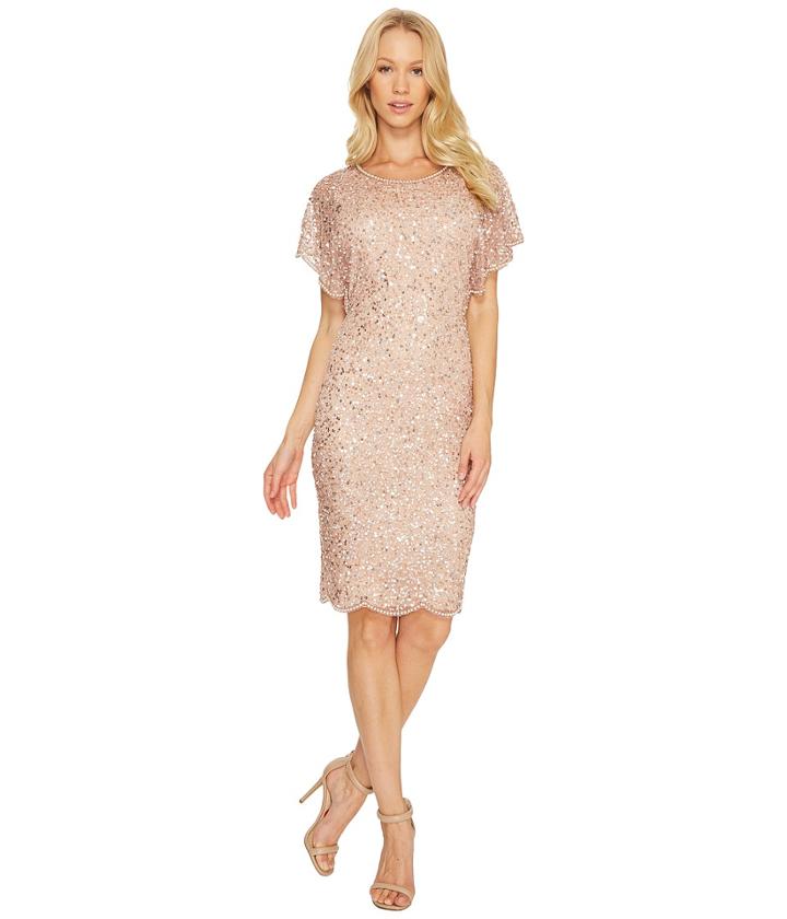 Adrianna Papell Flutter Sleeve Beaded Cocktail Dress With Pearl Edge Detail (rose Gold) Women's Dress