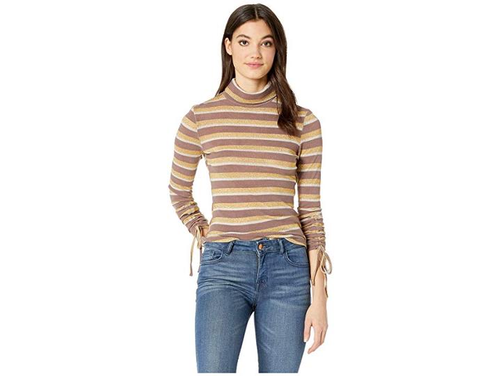 J.o.a. Ruched Sleeve Metallic Stripe Top (taupe Stripe) Women's Long Sleeve Pullover