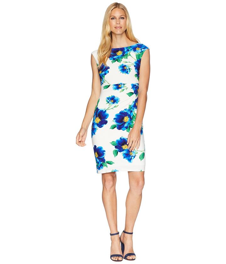 Lauren Ralph Lauren B585 Chrome Floral Novellina Cap Sleeve Day Dress (colonial Cream/blue/multi) Women's Dress
